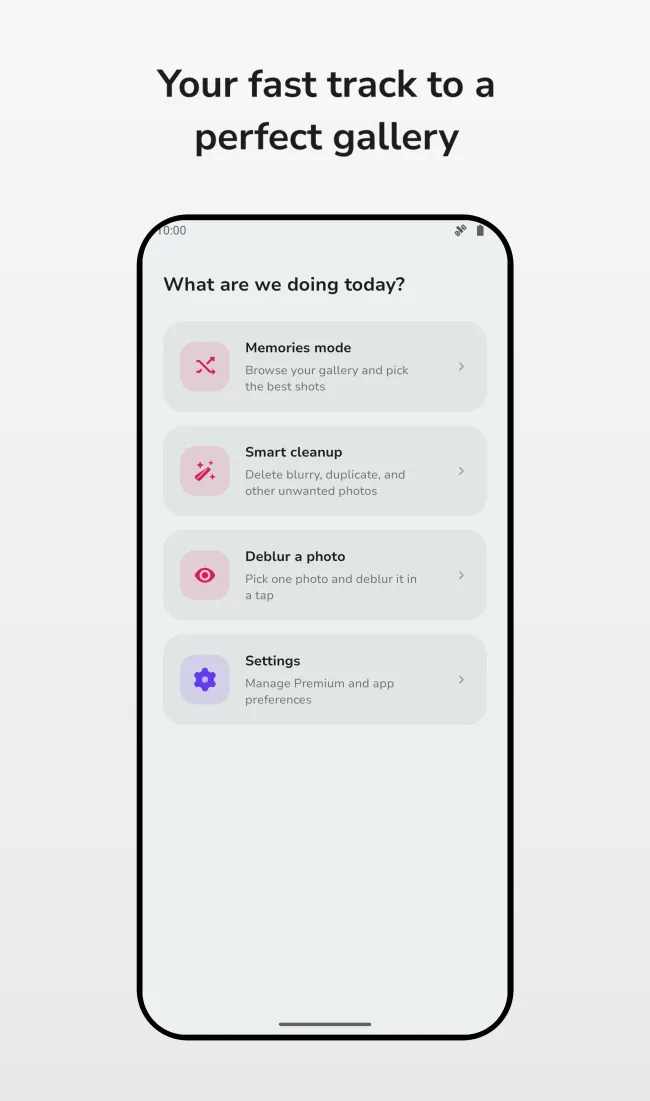 Accurator home screen with Memories, Smart Cleanup and Deblur tools