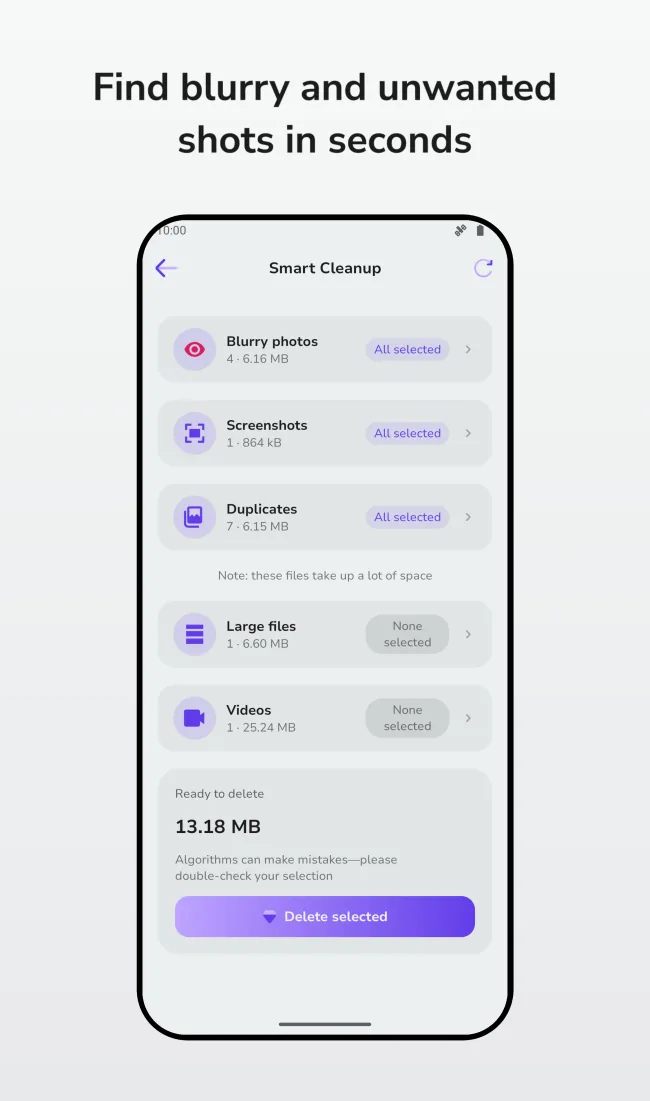 Smart Cleanup screen showing blurry photos, screenshots and duplicate groups